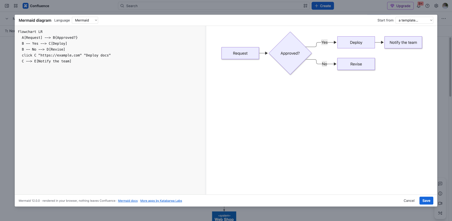 The editor: live preview, language switch, starter templates, errors with a line number.