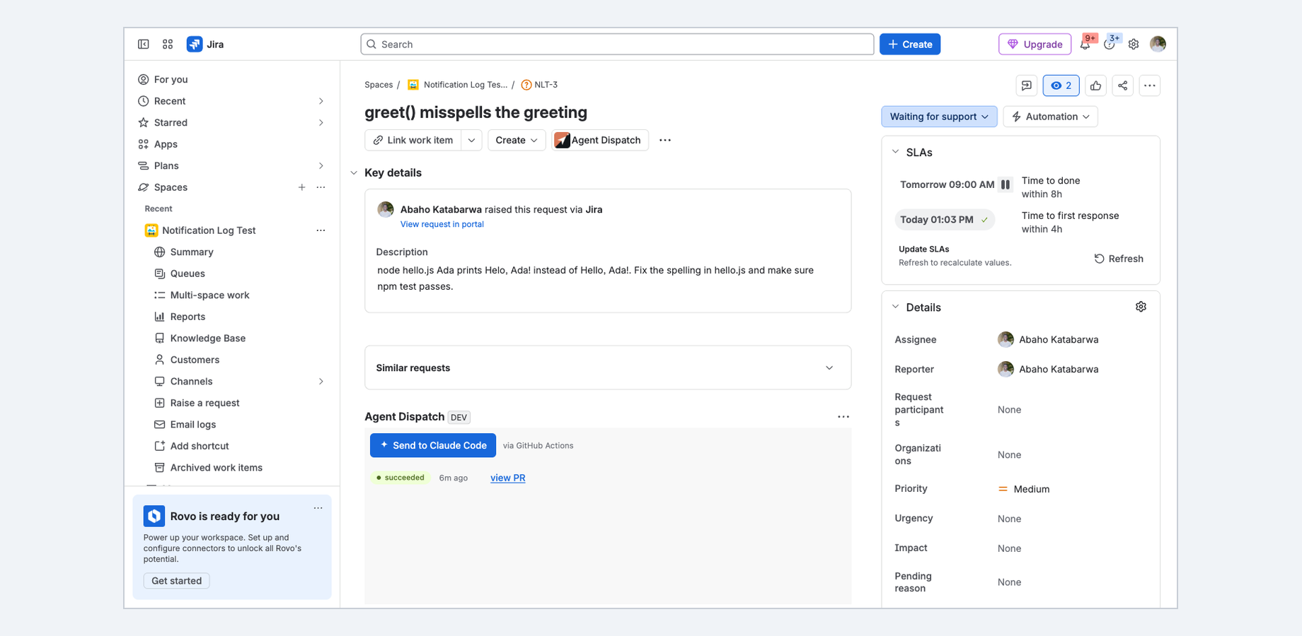 The issue panel: one click sends the work item to your CI, and the run status and pull request link come back on the issue.