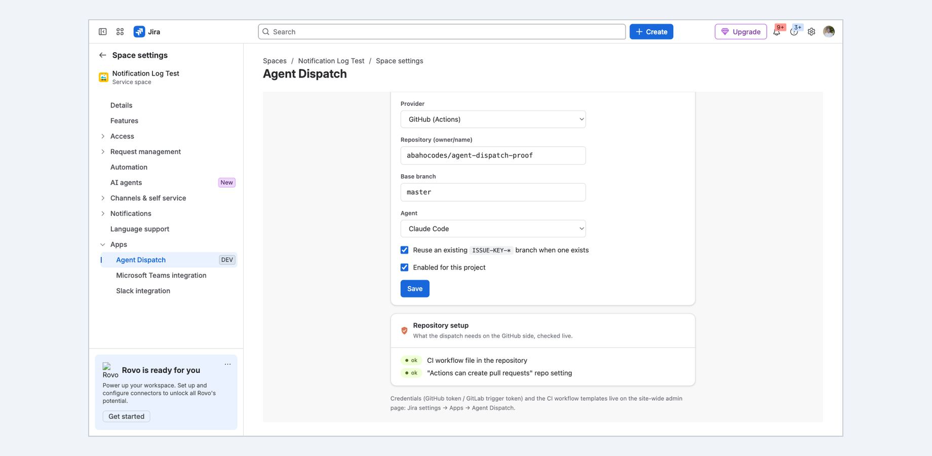 Project settings: repository, base branch, provider and agent, configured once, with a live check of the repository setup.