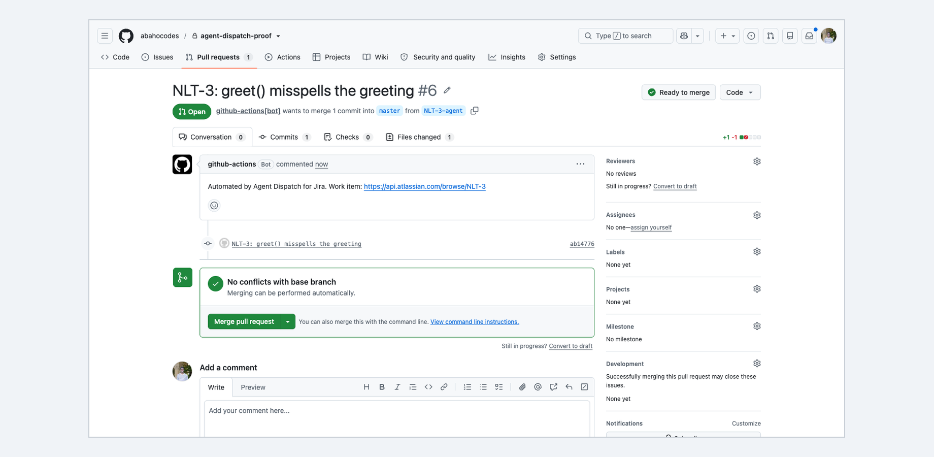 The result: a pull request opened by your own GitHub Actions, on your base branch, ready to review.