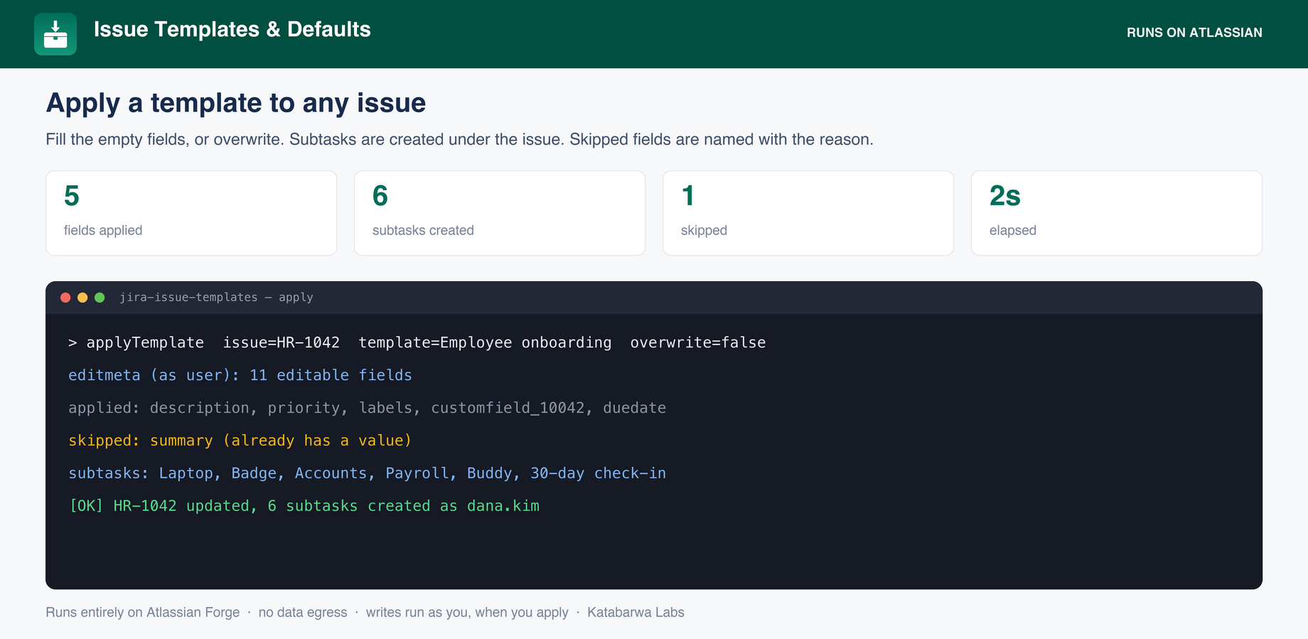 Applying a template to an issue: which fields were written, which were skipped and why, and the subtasks created.
